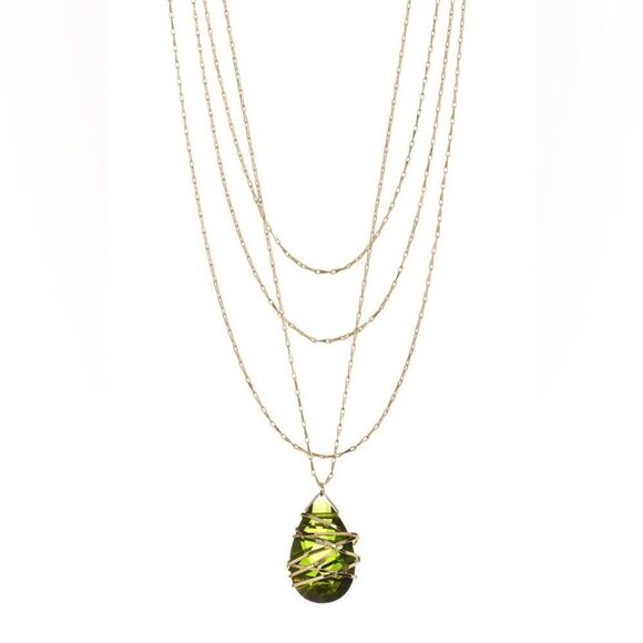 Peridot Green Crystal Pendant MultiStrand Necklace 14K Gold Wrapped Teardrop NEW - Picture 1 of 7